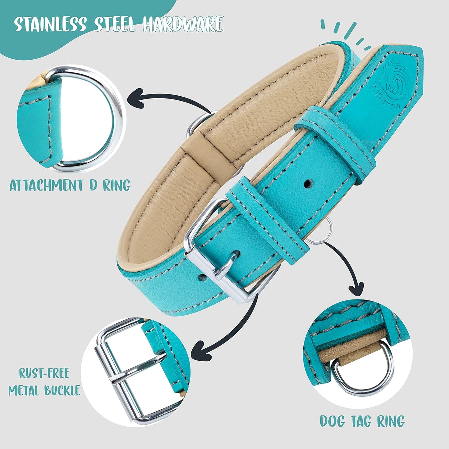 Riparo Dog Collars for Medium Dogs, Genuine Leather Dog Collar, Medium Dog Collar (M: 1" Wide for 13.5ā-17.5ā Neck, Aqua)
