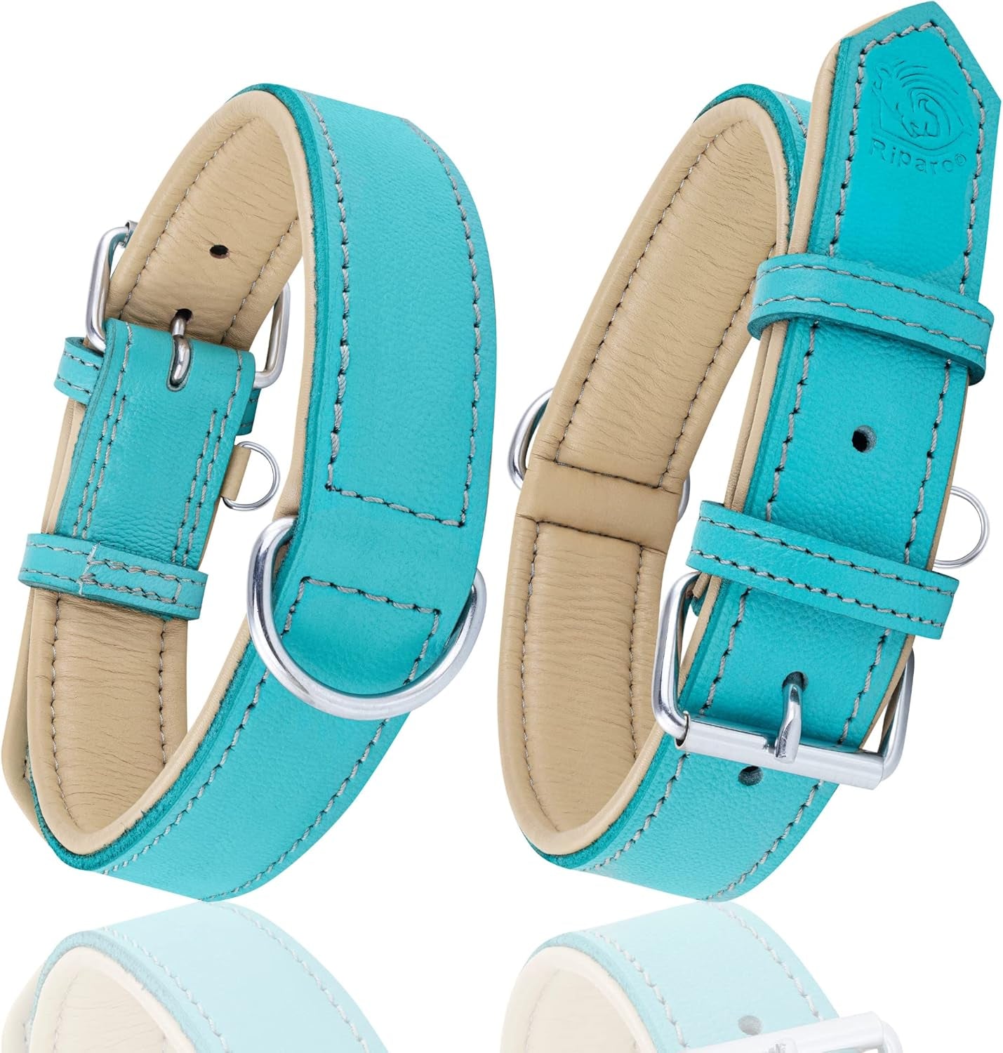 Riparo Dog Collars for Medium Dogs, Genuine Leather Dog Collar, Medium Dog Collar (M: 1" Wide for 13.5ā-17.5ā Neck, Aqua)