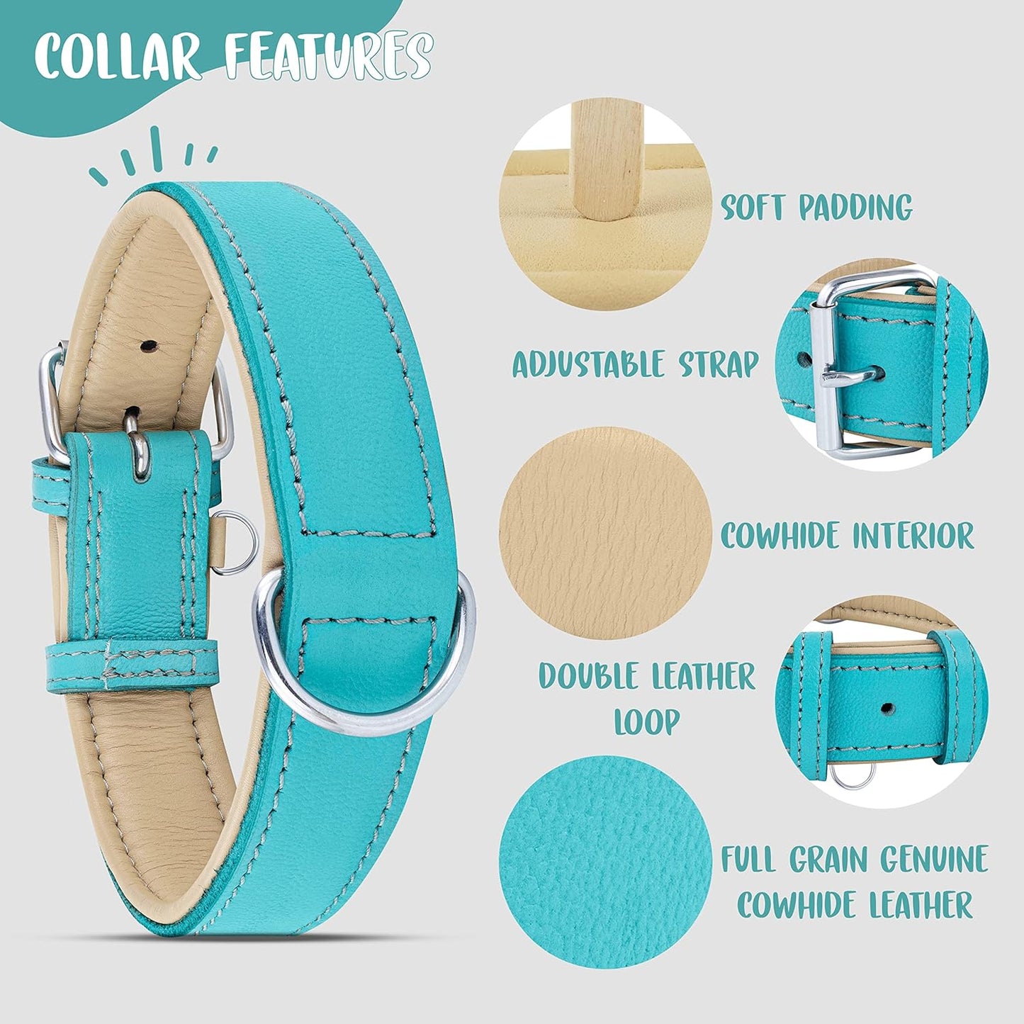 Riparo Dog Collars for Medium Dogs, Genuine Leather Dog Collar, Medium Dog Collar (M: 1" Wide for 13.5ā-17.5ā Neck, Aqua)